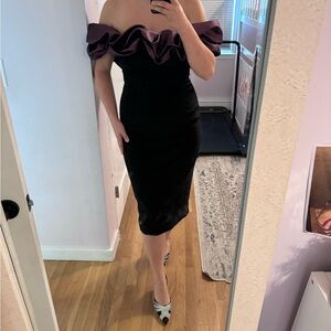 Jacquard Contrast Ruffle Off The Shoulder Midi Dress